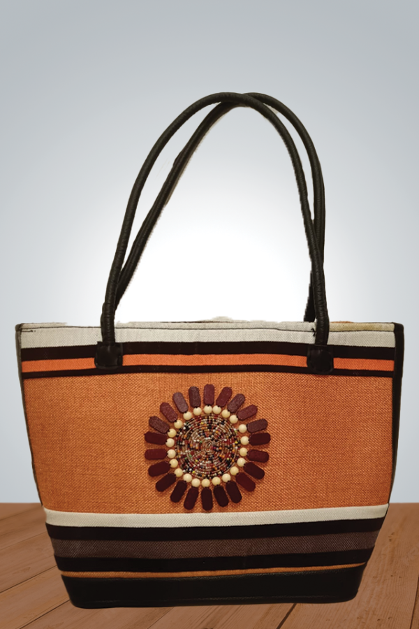 African handbag with leather and wooden handle